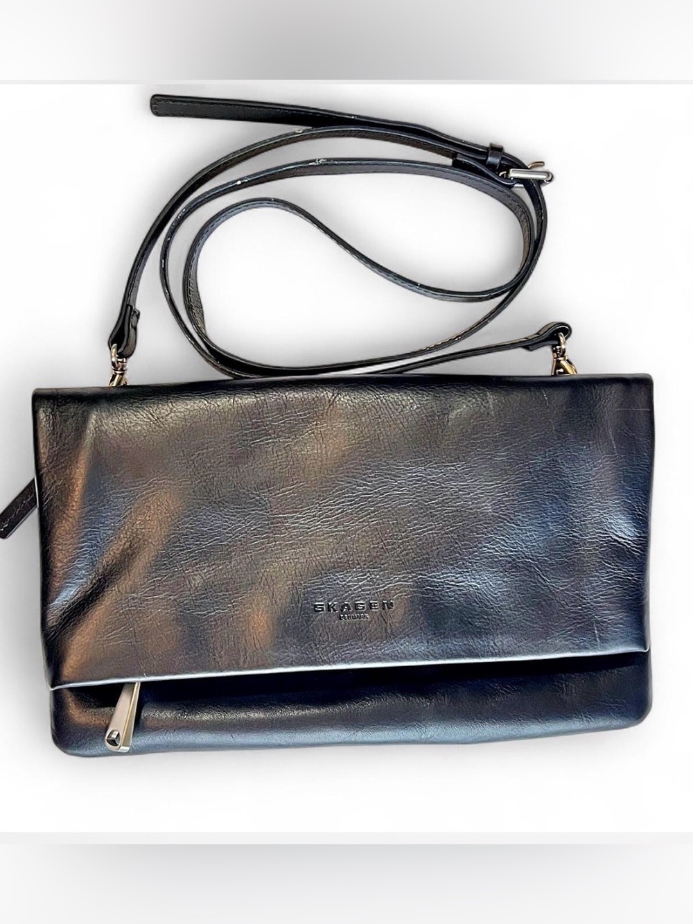 Skagen Denmark Black Leather Foldover Crossbody Bag | Minimalist Scandinavian
